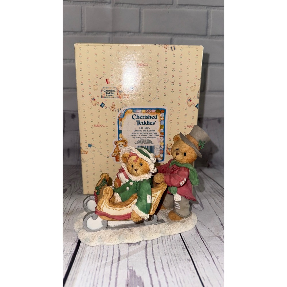 Enesco Cherished Teddies Lindsey and Lyndon Sled Figurine 141178A 1996 Vintage